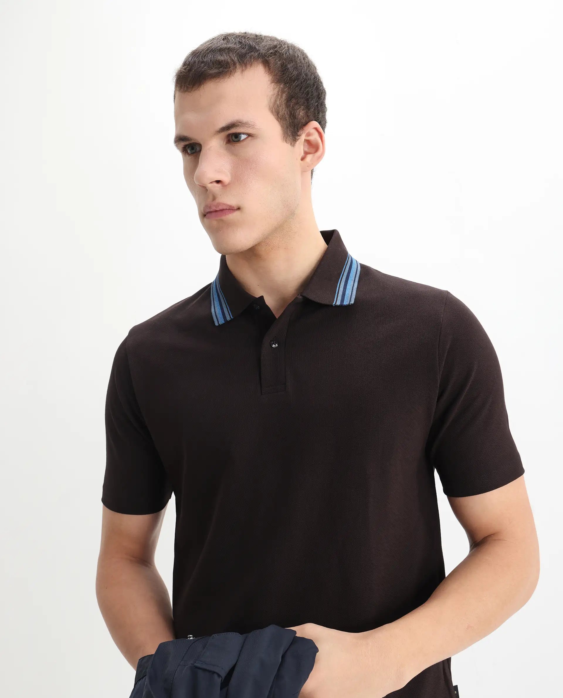 Rare Rabbit Men Clark Dark Brown Short Sleeve Collared Neck Button Closure Plain Polo