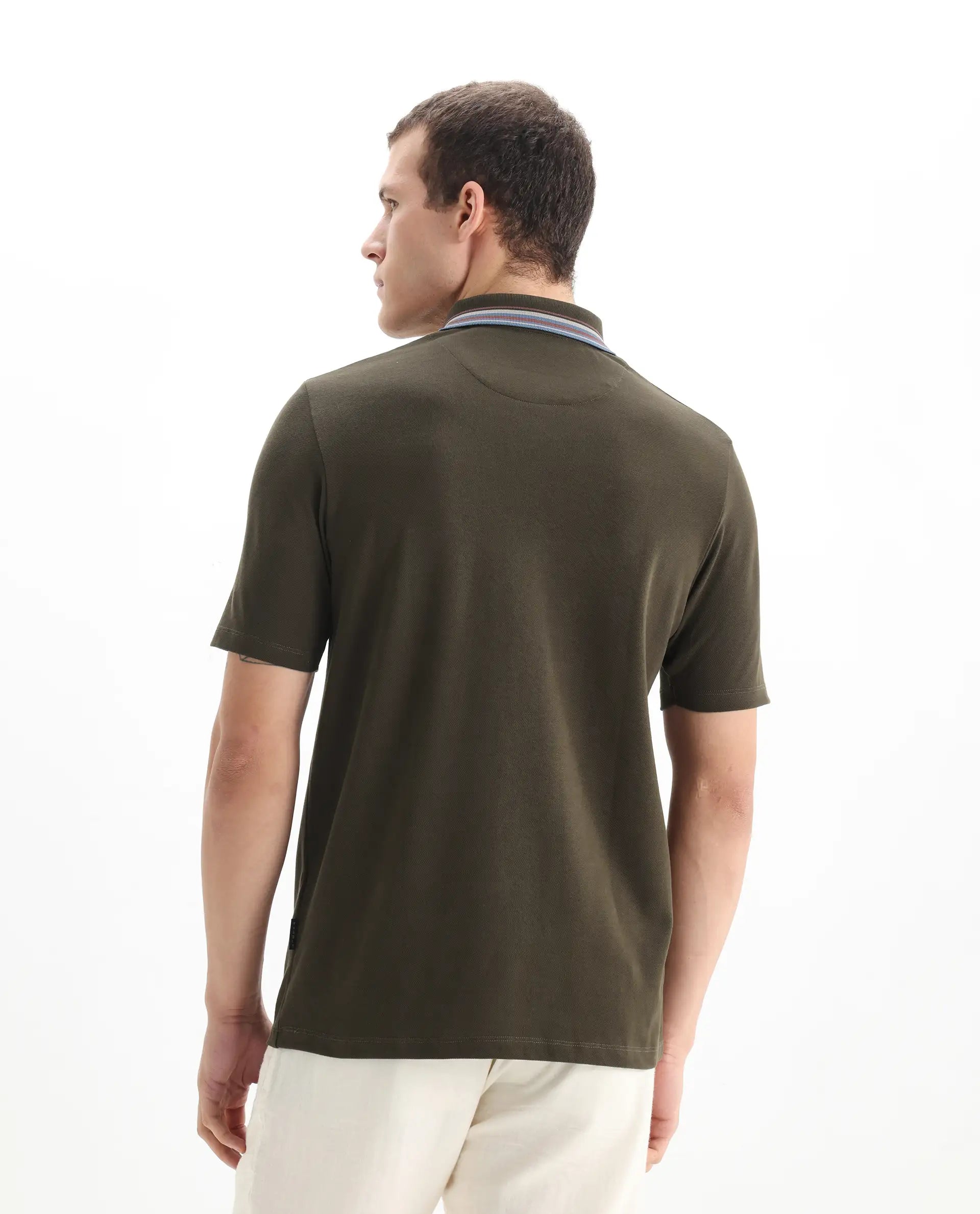 Rare Rabbit Men Clark Olive Short Sleeve Collared Neck Button Closure Plain Polo