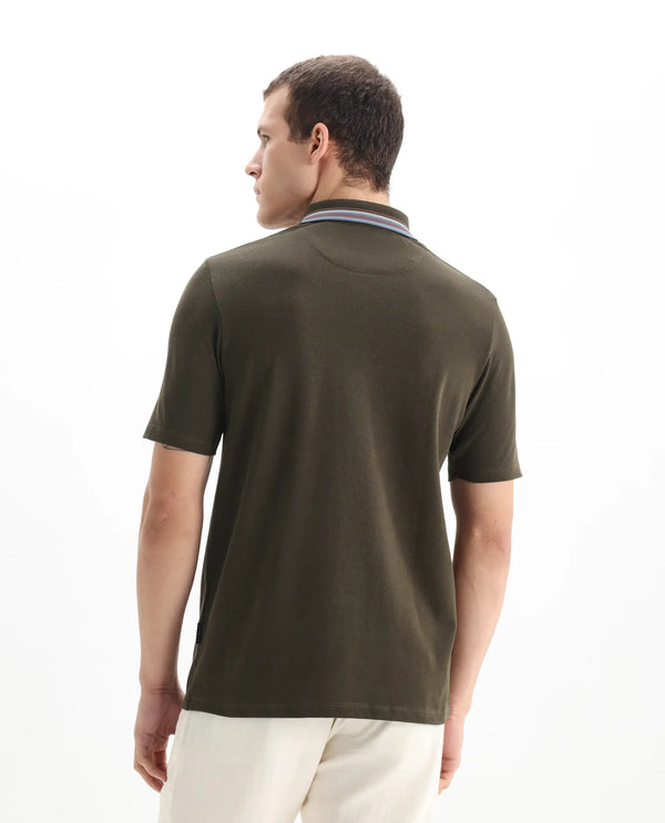 Rare Rabbit Men Clark Olive Short Sleeve Collared Neck Button Closure Plain Polo
