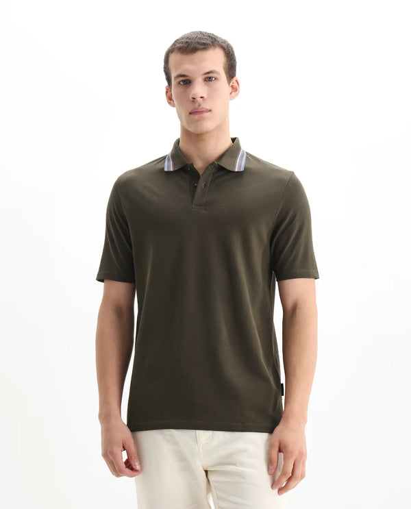 Rare Rabbit Men Clark Olive Short Sleeve Collared Neck Button Closure Plain Polo