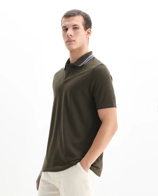 Rare Rabbit Men Clark Olive Short Sleeve Collared Neck Button Closure Plain Polo