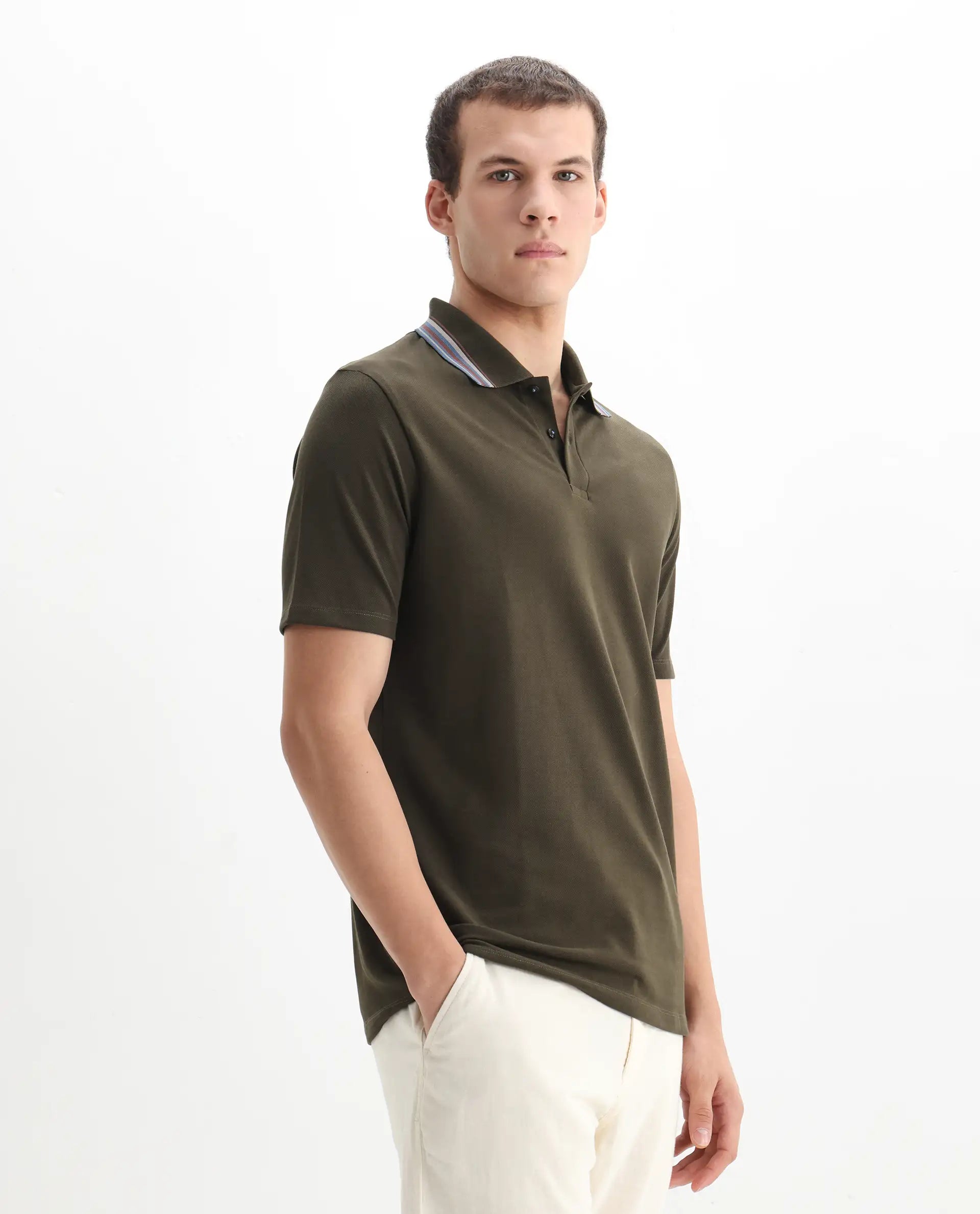 Rare Rabbit Men Clark Olive Short Sleeve Collared Neck Button Closure Plain Polo
