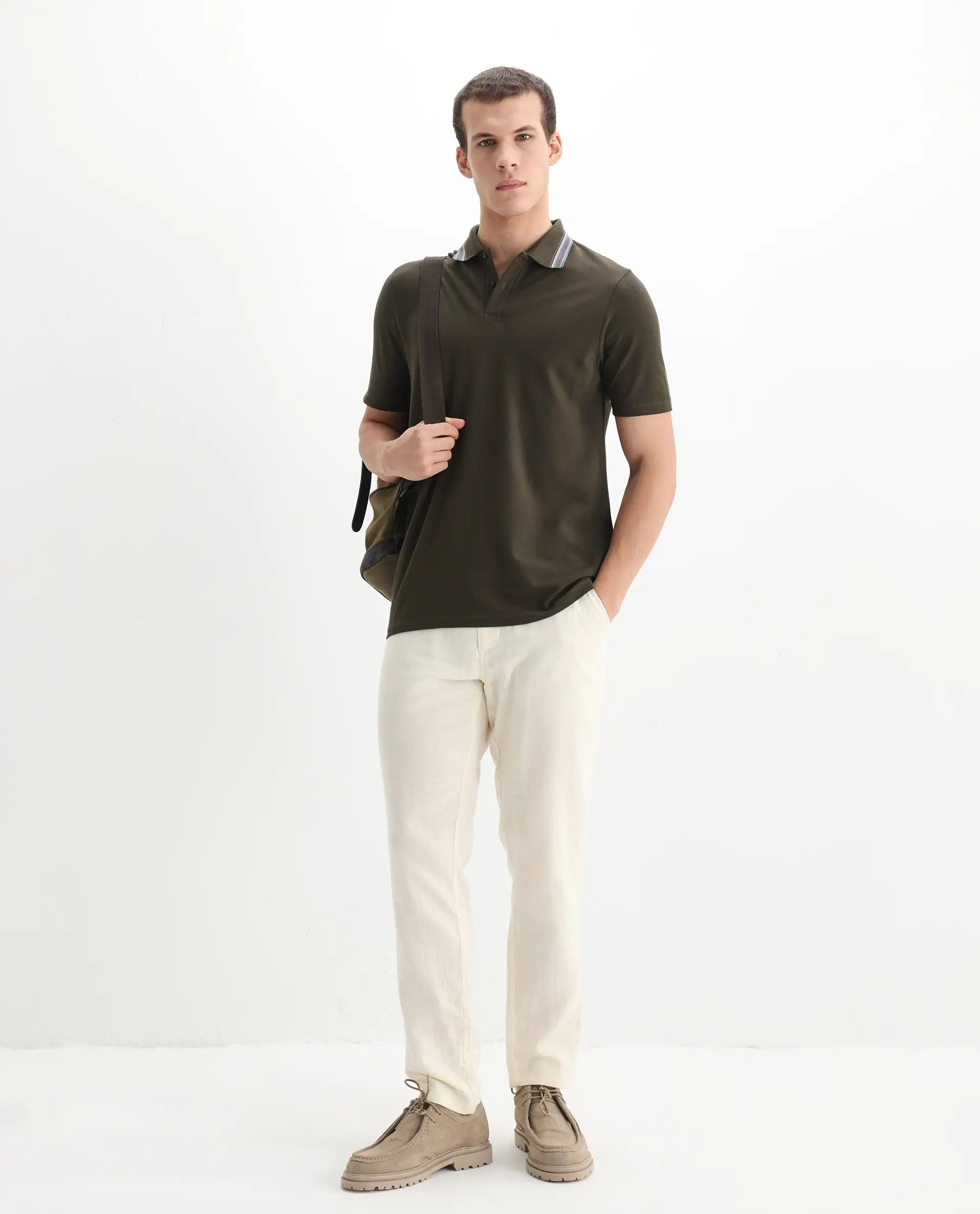 Rare Rabbit Men Clark Olive Short Sleeve Collared Neck Button Closure Plain Polo