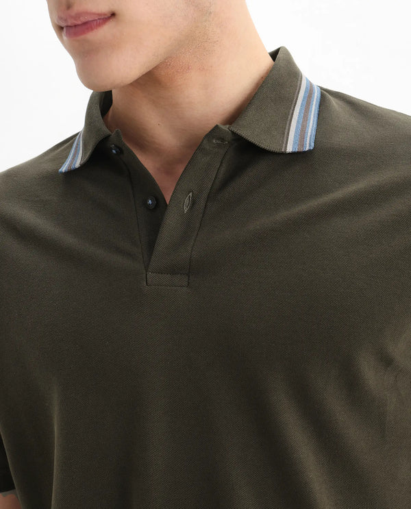 Rare Rabbit Men Clark Olive Short Sleeve Collared Neck Button Closure Plain Polo
