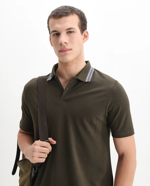 Rare Rabbit Men Clark Olive Short Sleeve Collared Neck Button Closure Plain Polo
