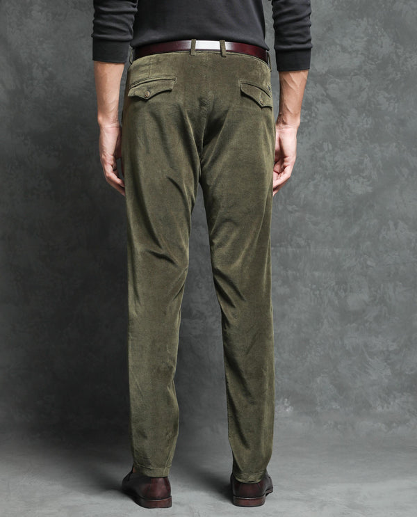 Rare Rabbit Men's Cloy Olive Solid Mid-Rise Regular Fit Velvet Trousers