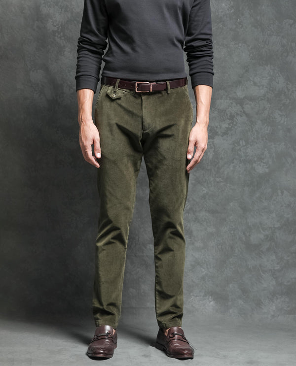 Rare Rabbit Men's Cloy Olive Solid Mid-Rise Regular Fit Velvet Trousers