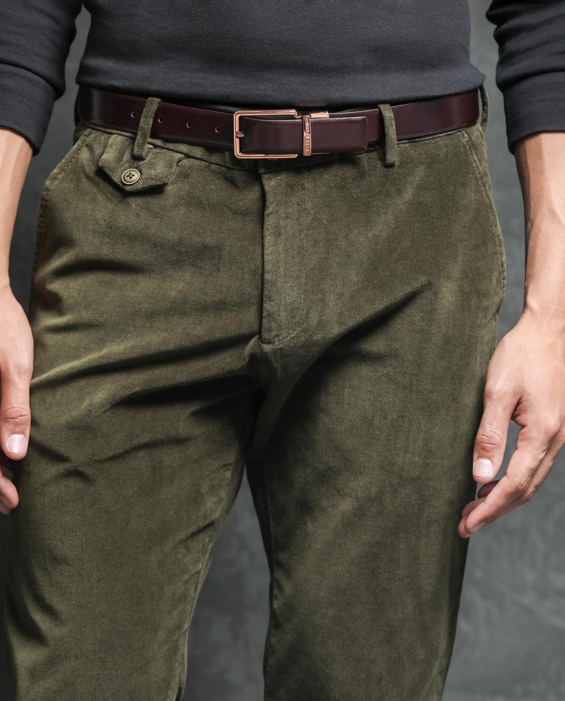 Rare Rabbit Men's Cloy Olive Solid Mid-Rise Regular Fit Velvet Trousers