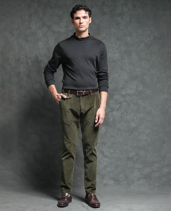 Rare Rabbit Men's Cloy Olive Solid Mid-Rise Regular Fit Velvet Trousers