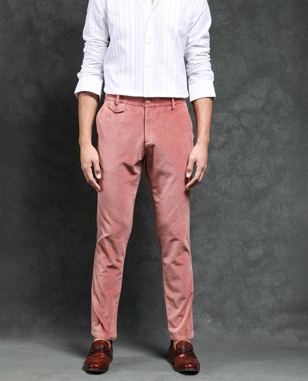 Rare Rabbit Men's Cloy Pink Solid Mid-Rise Regular Fit Velvet Trousers