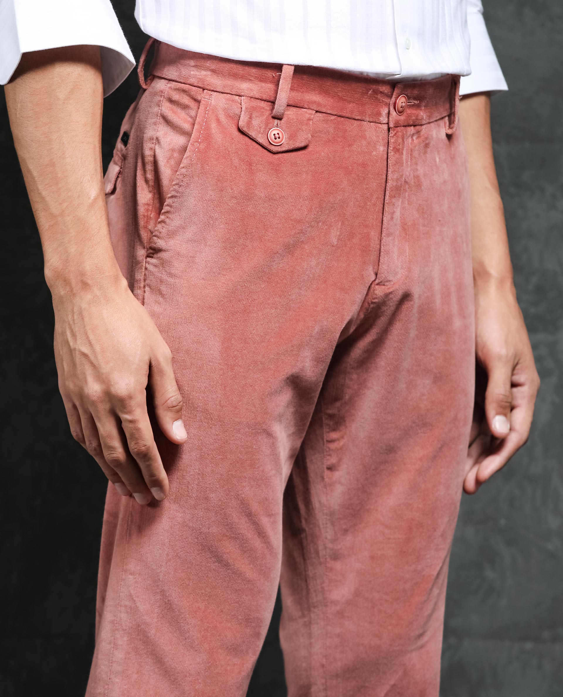 Rare Rabbit Men's Cloy Pink Solid Mid-Rise Regular Fit Velvet Trousers