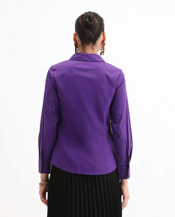 Rareism Women Cojin Purple Cotton Blend Fabric Cuffed Sleeve Collared Neck Button Closure Regular Fit Plain Top