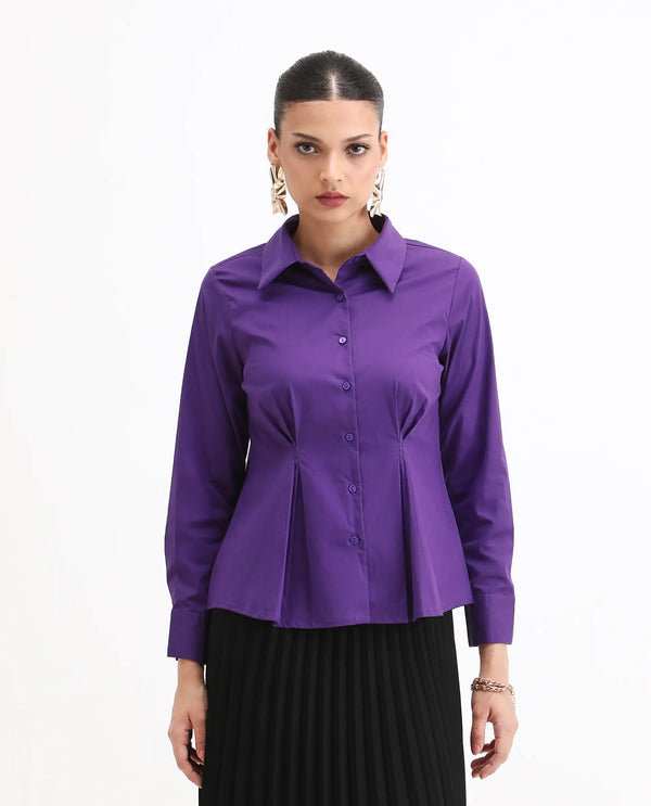Rareism Women Cojin Purple Cotton Blend Fabric Cuffed Sleeve Collared Neck Button Closure Regular Fit Plain Top