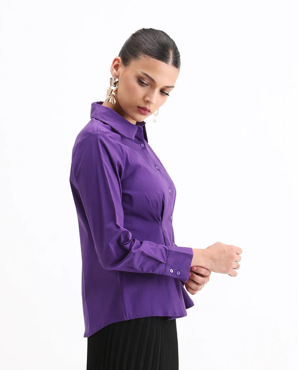 Rareism Women Cojin Purple Cotton Blend Fabric Cuffed Sleeve Collared Neck Button Closure Regular Fit Plain Top