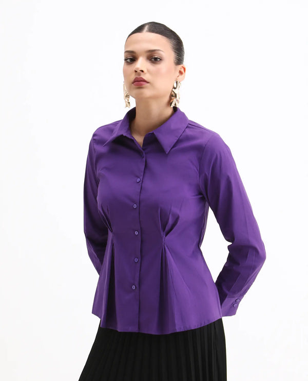 Rareism Women Cojin Purple Cotton Blend Fabric Cuffed Sleeve Collared Neck Button Closure Regular Fit Plain Top