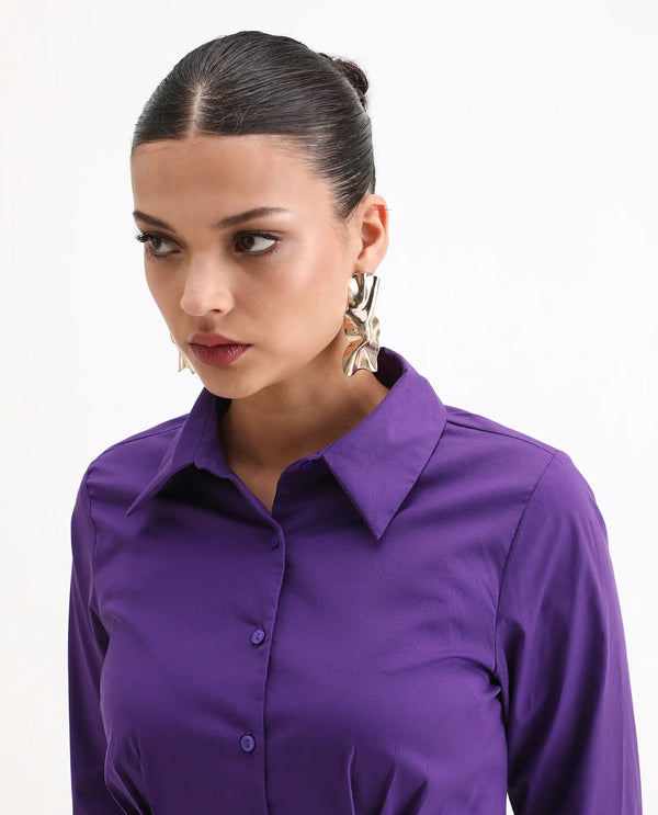Rareism Women Cojin Purple Cotton Blend Fabric Cuffed Sleeve Collared Neck Button Closure Regular Fit Plain Top
