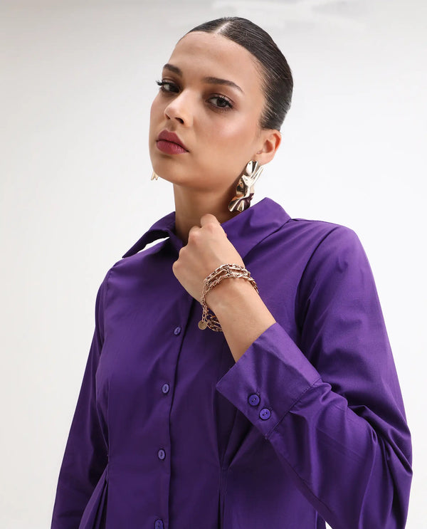 Rareism Women Cojin Purple Cotton Blend Fabric Cuffed Sleeve Collared Neck Button Closure Regular Fit Plain Top