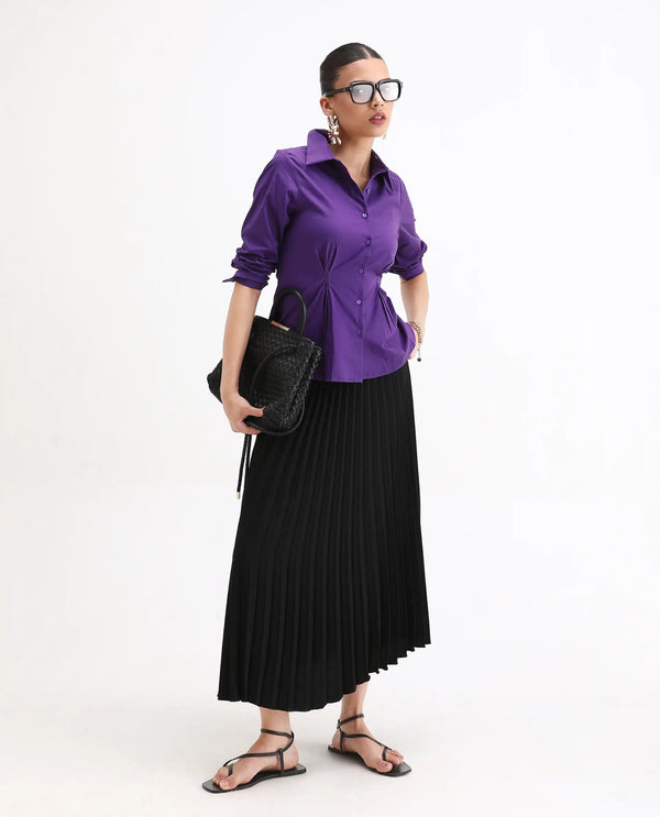 Rareism Women Cojin Purple Cotton Blend Fabric Cuffed Sleeve Collared Neck Button Closure Regular Fit Plain Top