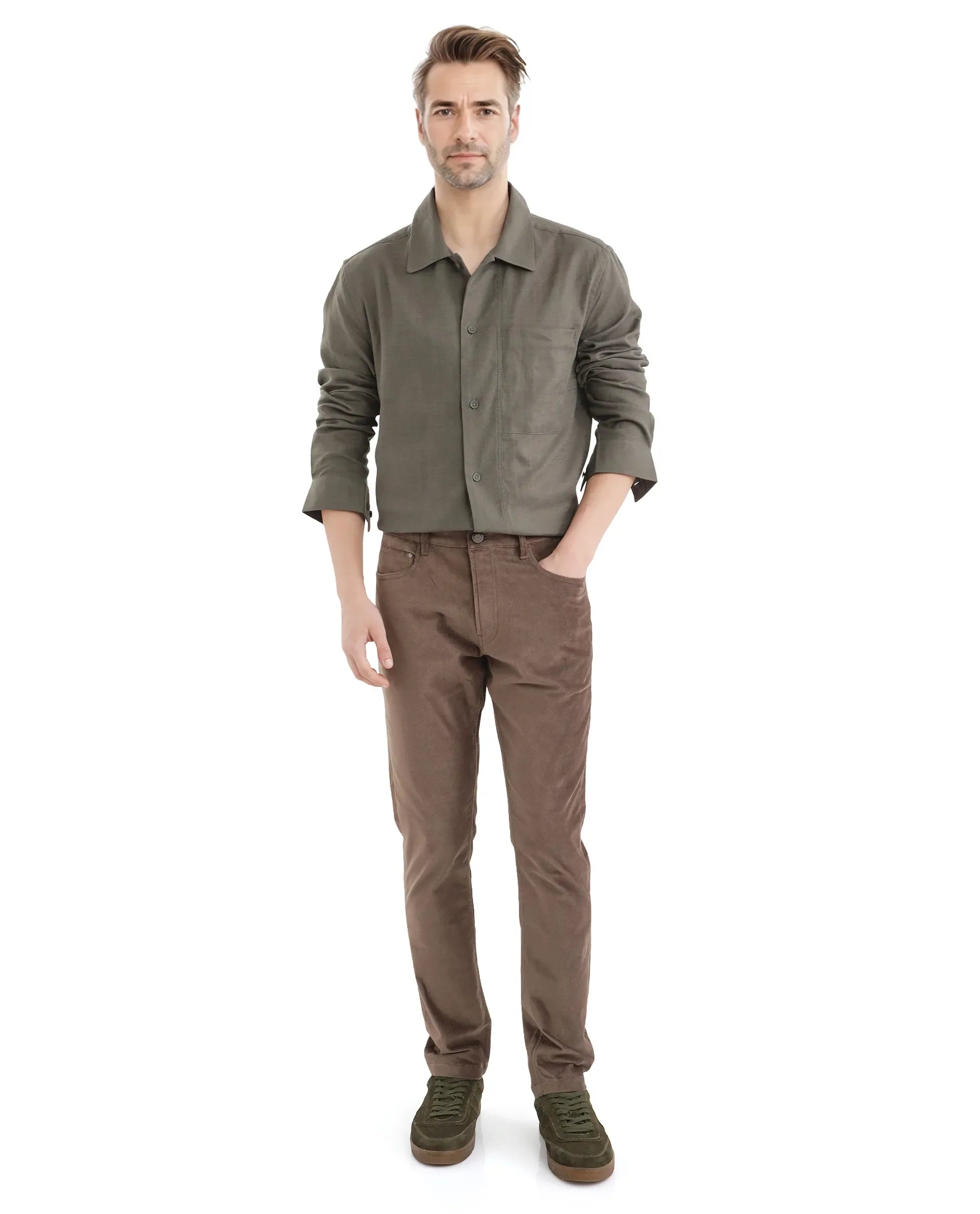 Rare Rabbit Men Combi Olive Knitted Jacquard Fabric Full Sleeve Regular Fit Textured Solid Shirt