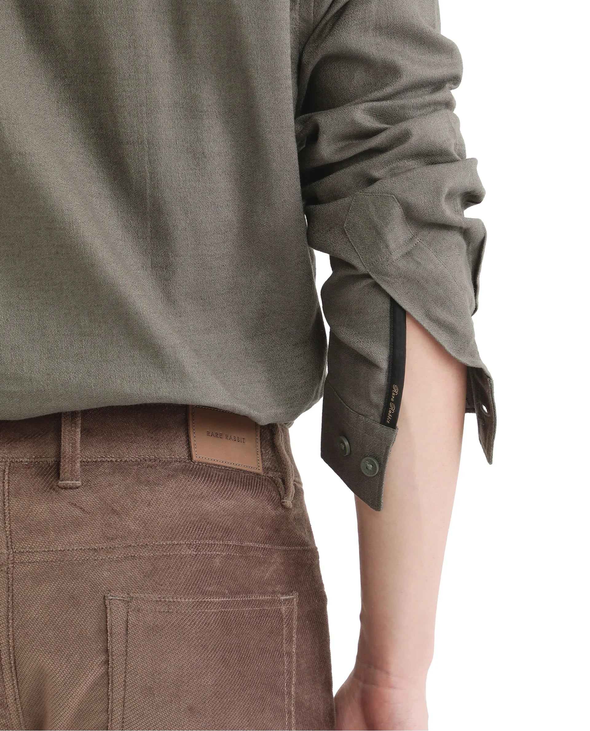 Rare Rabbit Men Combi Olive Knitted Jacquard Fabric Full Sleeve Regular Fit Textured Solid Shirt