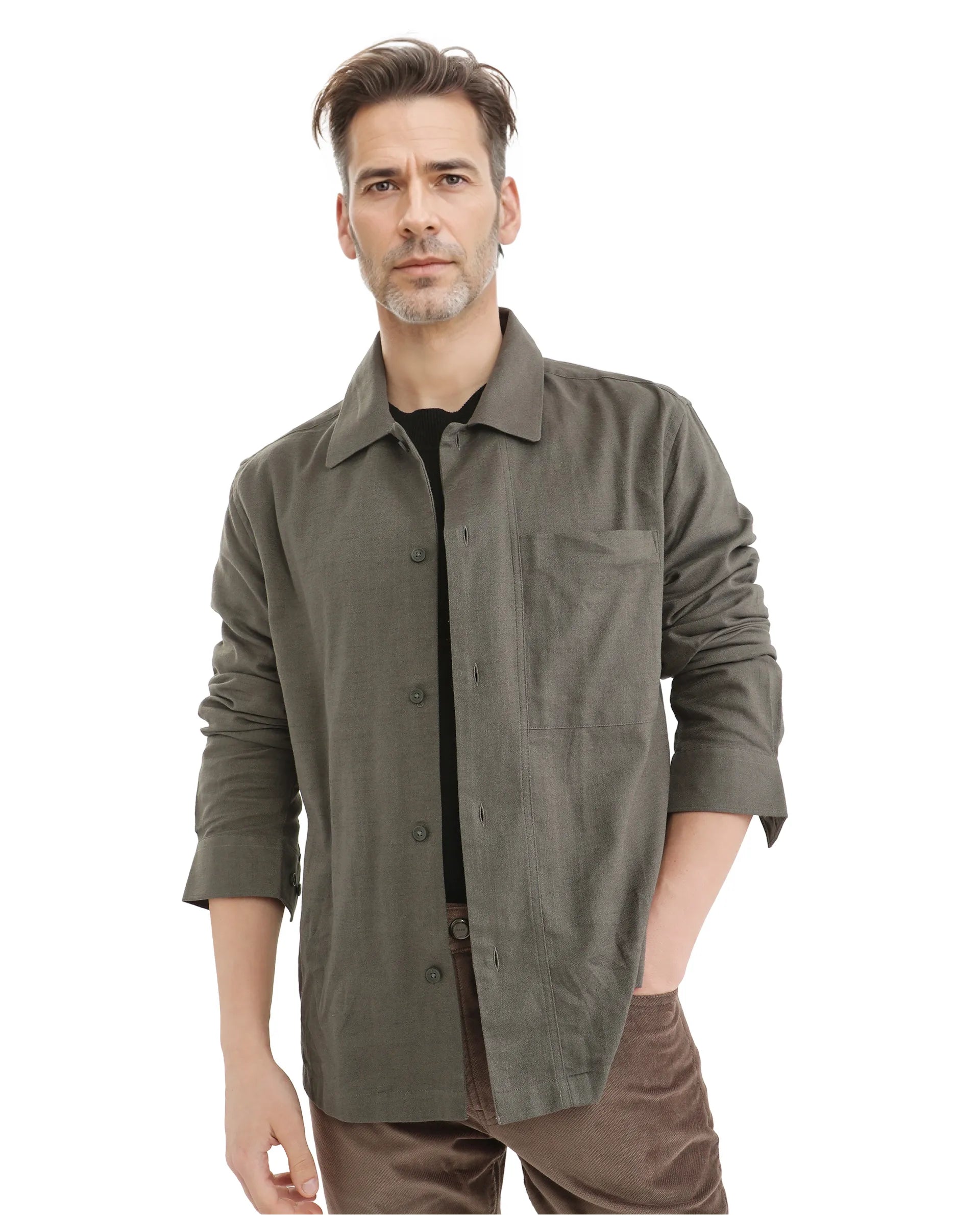 Rare Rabbit Men Combi Olive Knitted Jacquard Fabric Full Sleeve Regular Fit Textured Solid Shirt