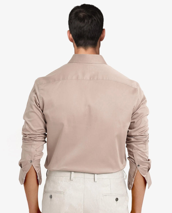 Rare Rabbit Men Como-5 Dusky Peach Cotton Lycra Fabric Full Sleeve Regular Fit Plain Satin Shirt