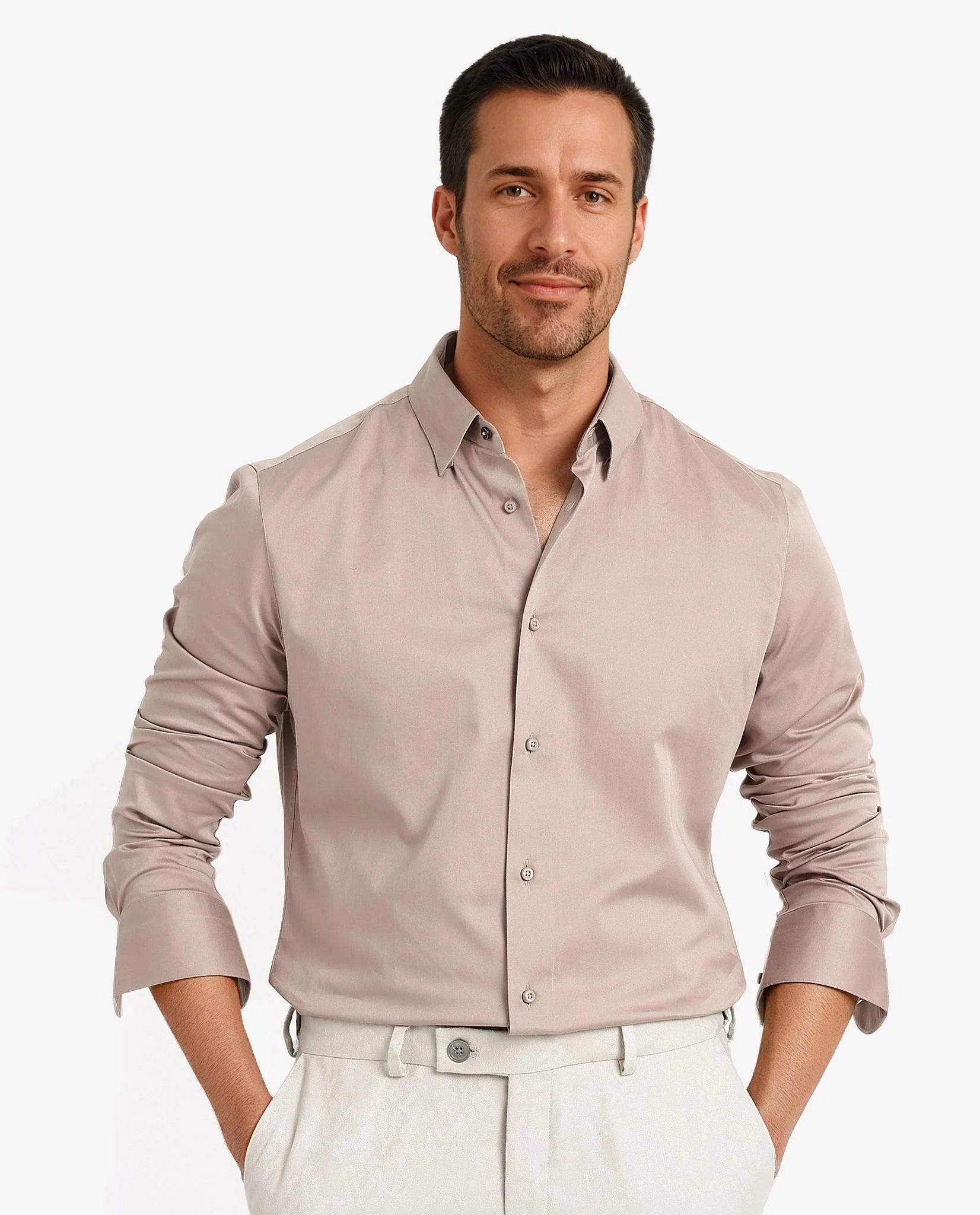 Rare Rabbit Men Como-5 Dusky Peach Cotton Lycra Fabric Full Sleeve Regular Fit Plain Satin Shirt