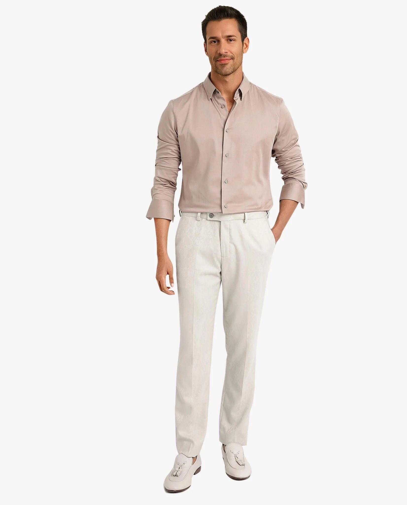 Rare Rabbit Men Como-5 Dusky Peach Cotton Lycra Fabric Full Sleeve Regular Fit Plain Satin Shirt