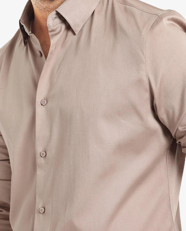 Rare Rabbit Men Como-5 Dusky Peach Cotton Lycra Fabric Full Sleeve Regular Fit Plain Satin Shirt