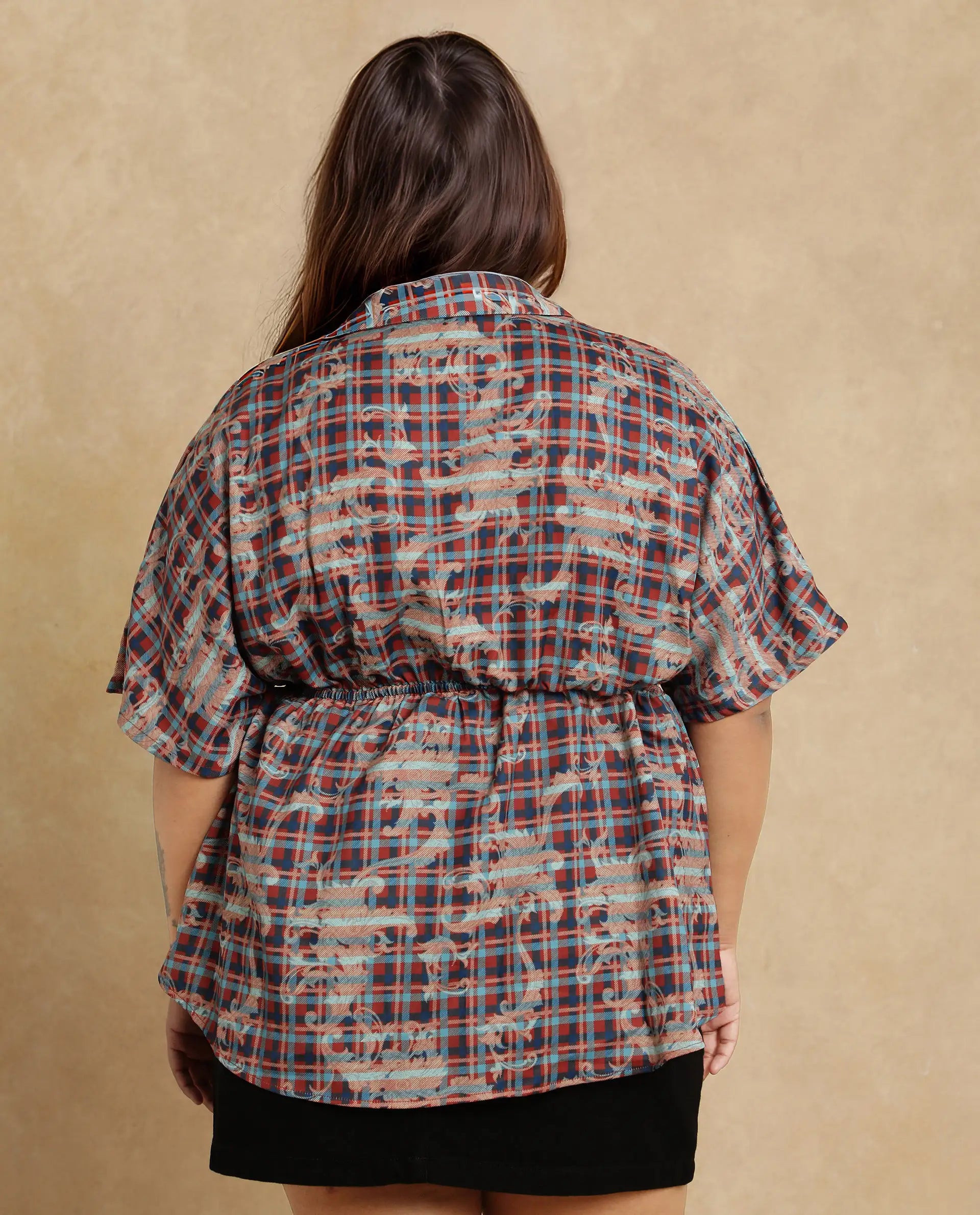 Rareism Women Copo Dark Multi Polyester Fabric Kimono Sleeve Jonny Collar Geometric Print Top