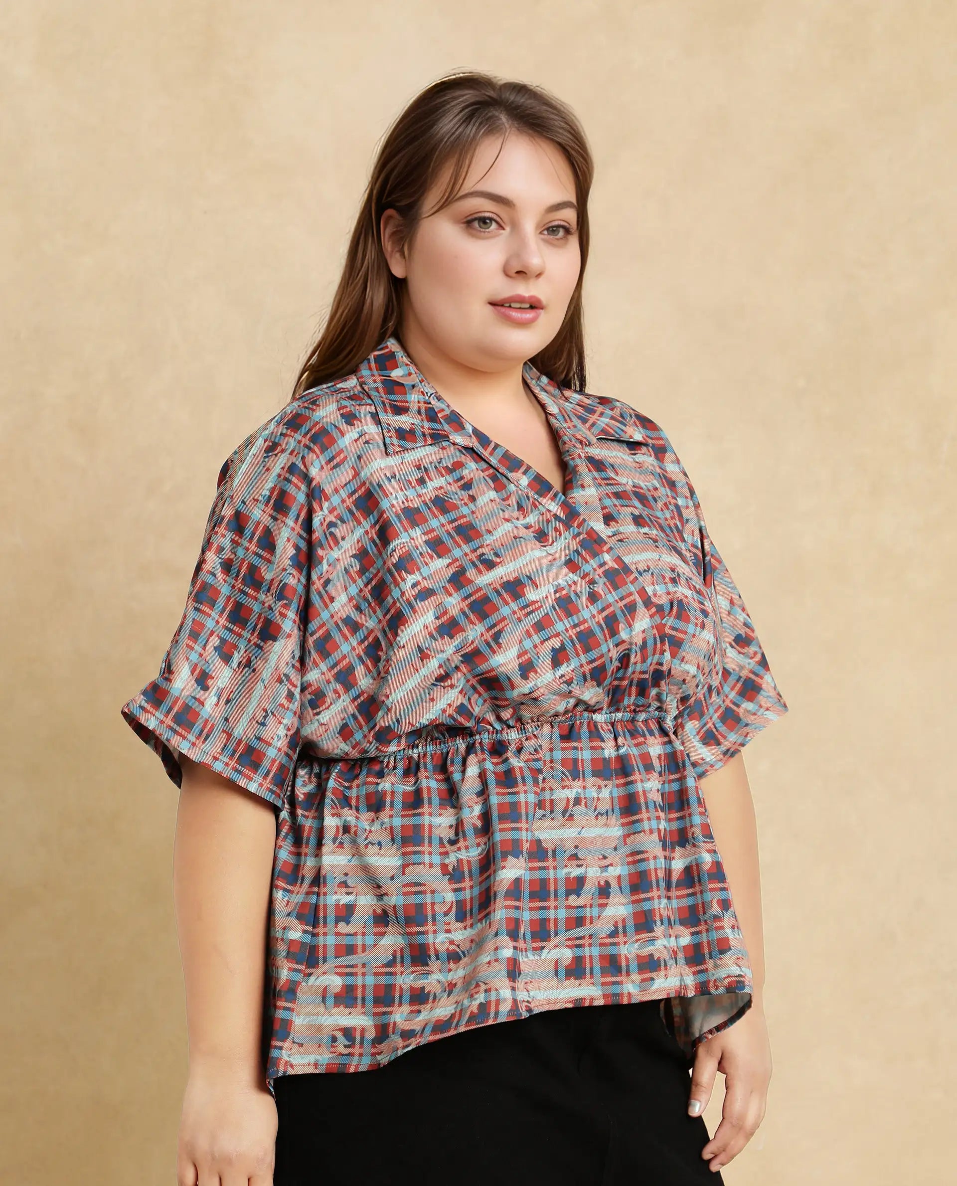 Rareism Women Copo Dark Multi Polyester Fabric Kimono Sleeve Jonny Collar Geometric Print Top