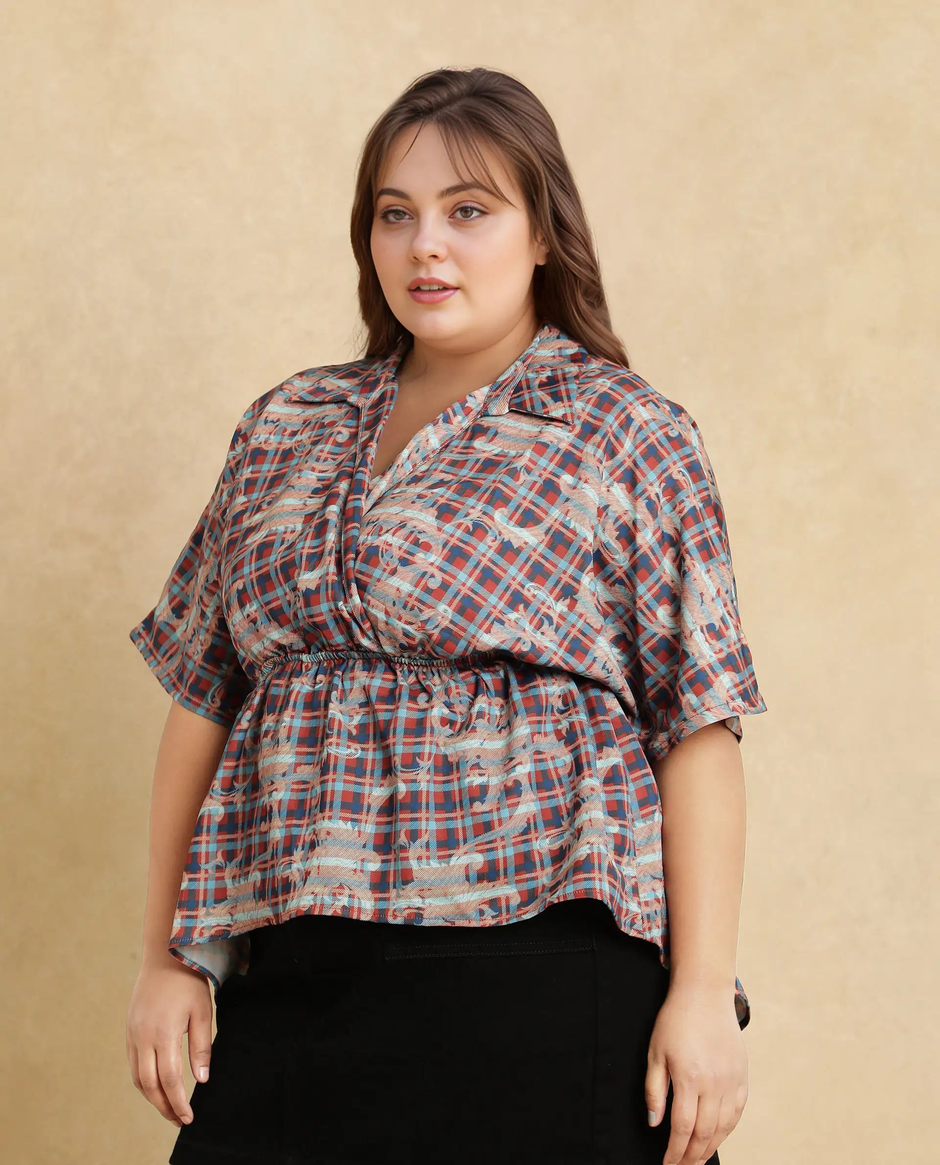 Rareism Women Copo Dark Multi Polyester Fabric Kimono Sleeve Jonny Collar Geometric Print Top