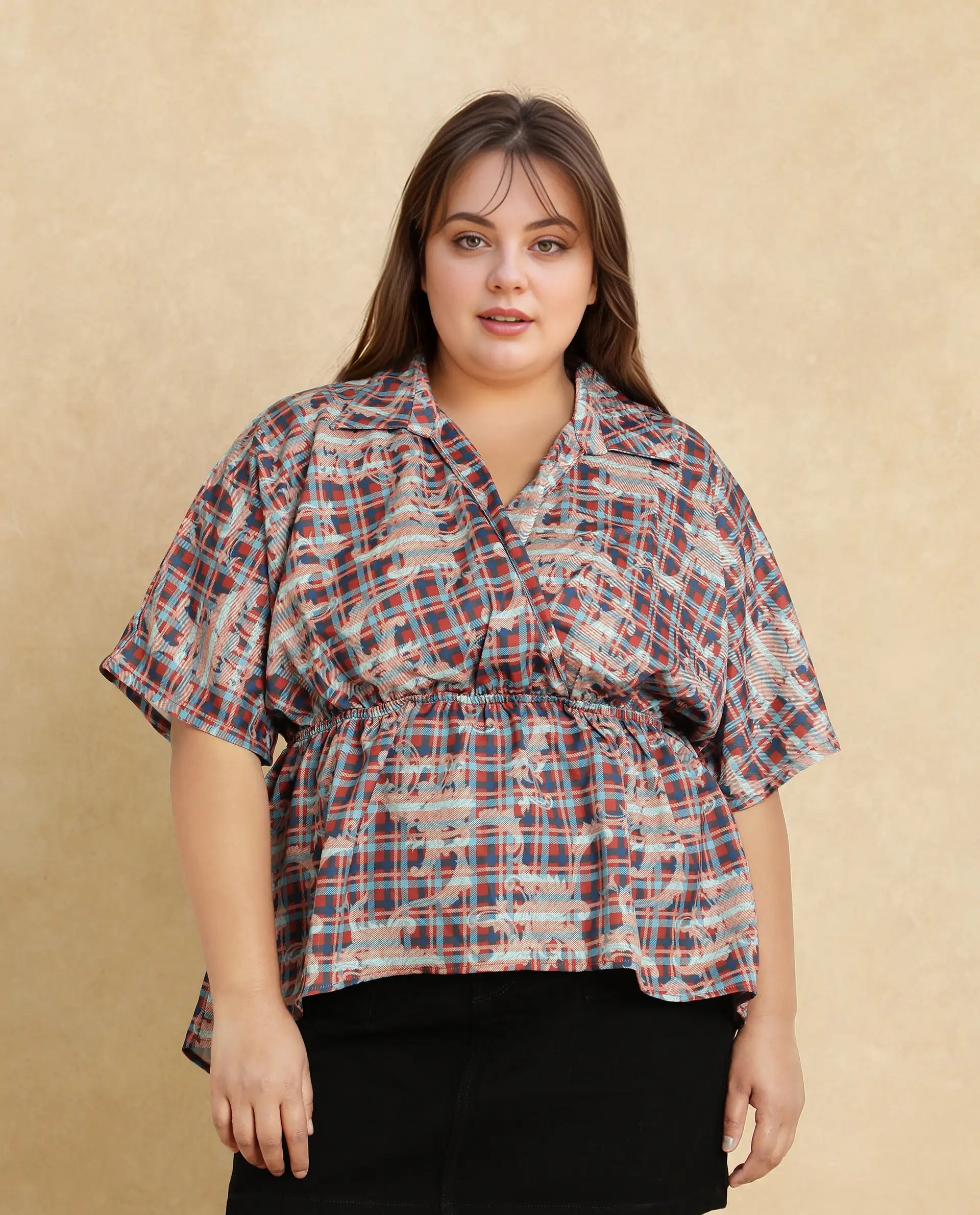 Rareism Women Copo Dark Multi Polyester Fabric Kimono Sleeve Jonny Collar Geometric Print Top
