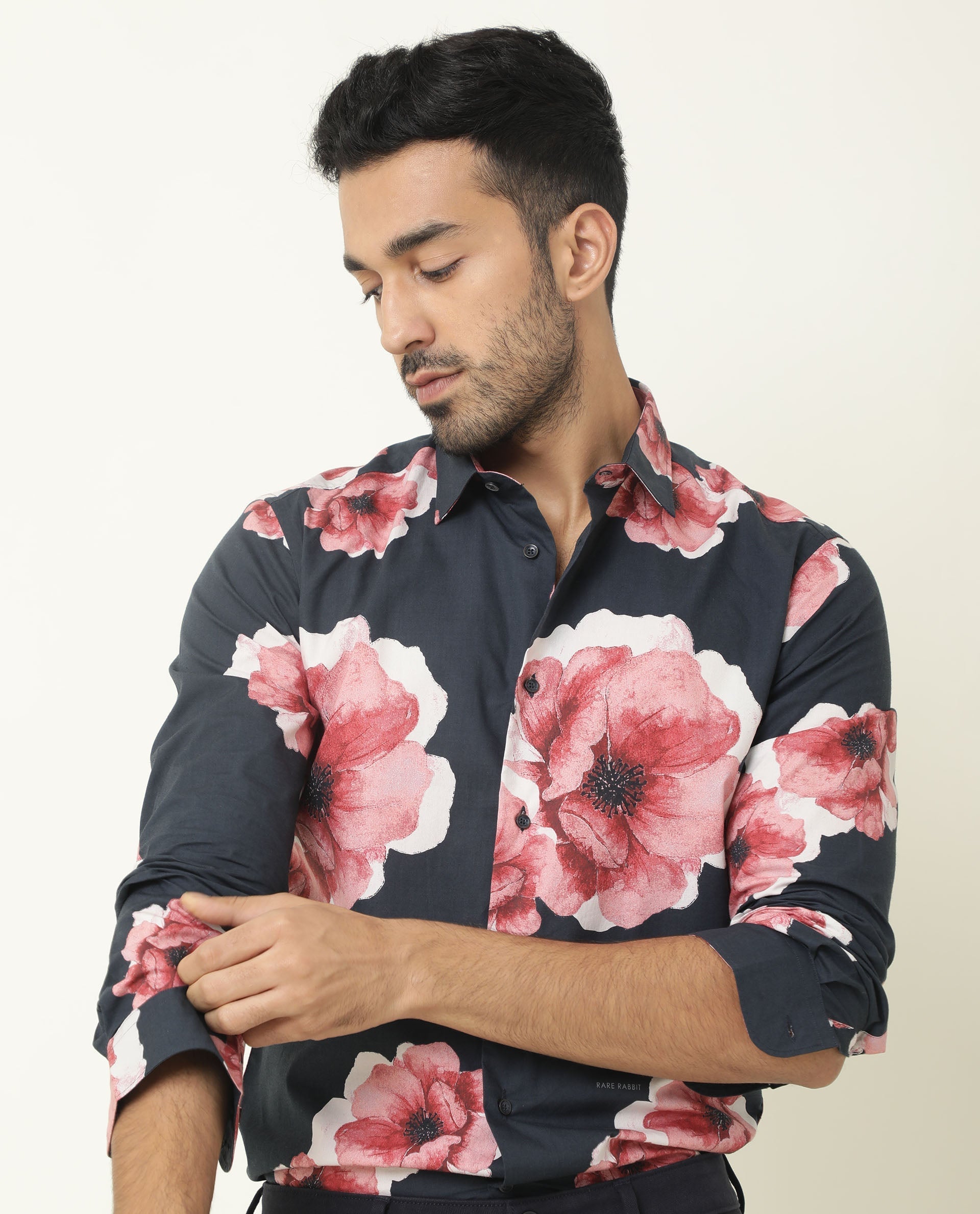 Rare Rabbit Men's Netherss Navy Cotton Fabric Floral Print Full Sleeves Shirt
