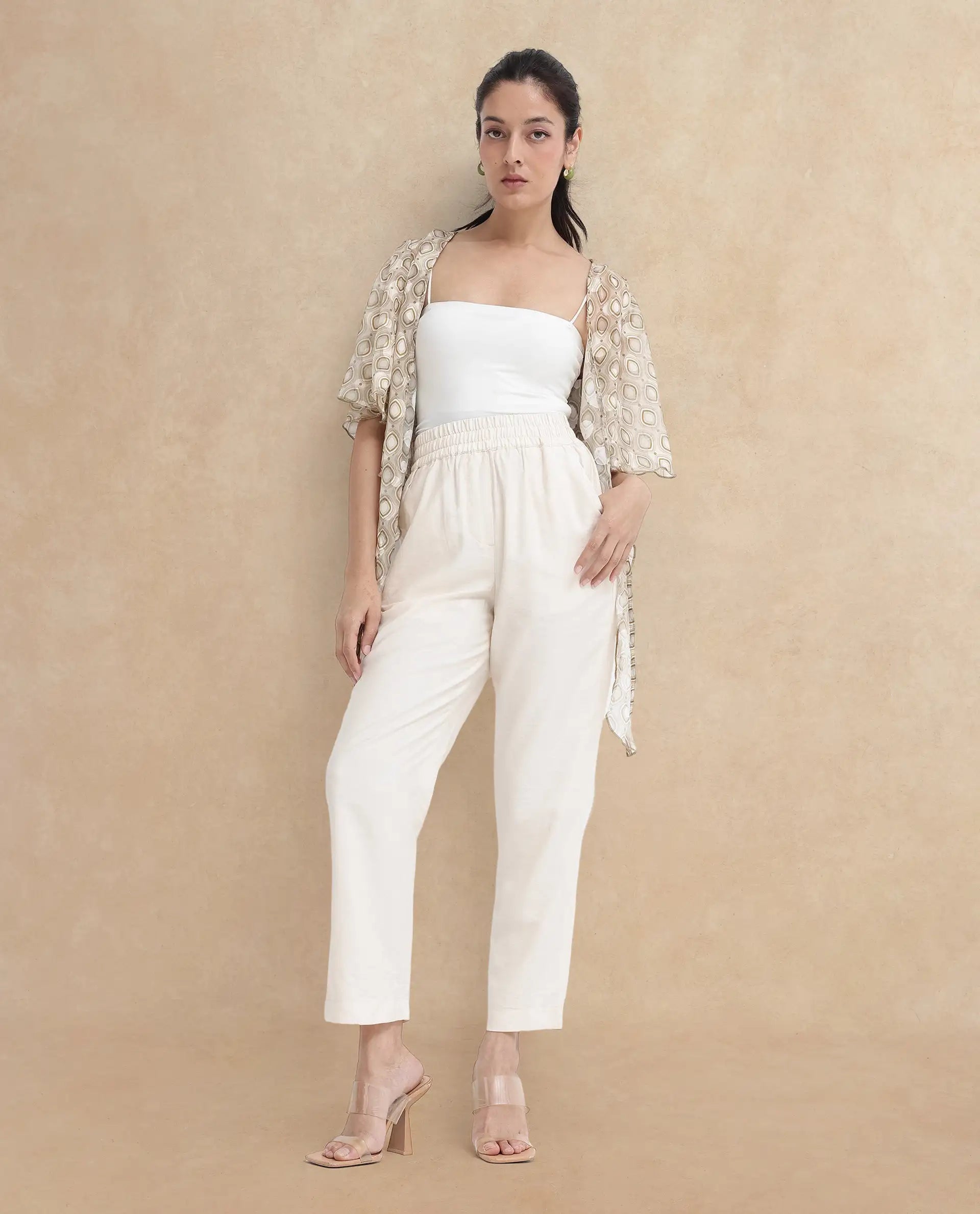 Rareism Women Chant-B Beige Polyester Fabric Zipper Closure Plain Trousers