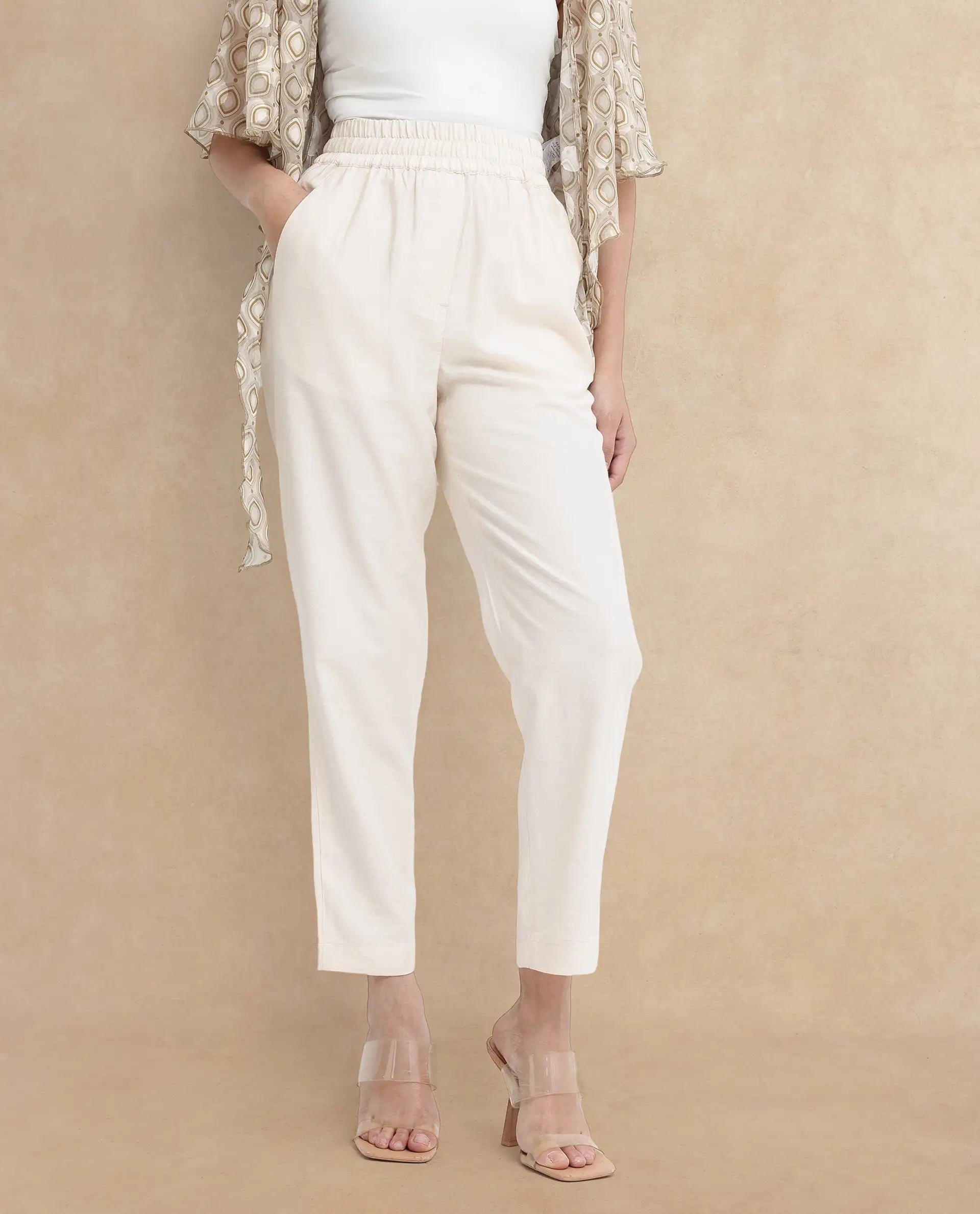 Rareism Women Chant-B Beige Polyester Fabric Zipper Closure Plain Trousers