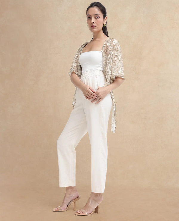 Rareism Women Chant-B Beige Polyester Fabric Zipper Closure Plain Trousers