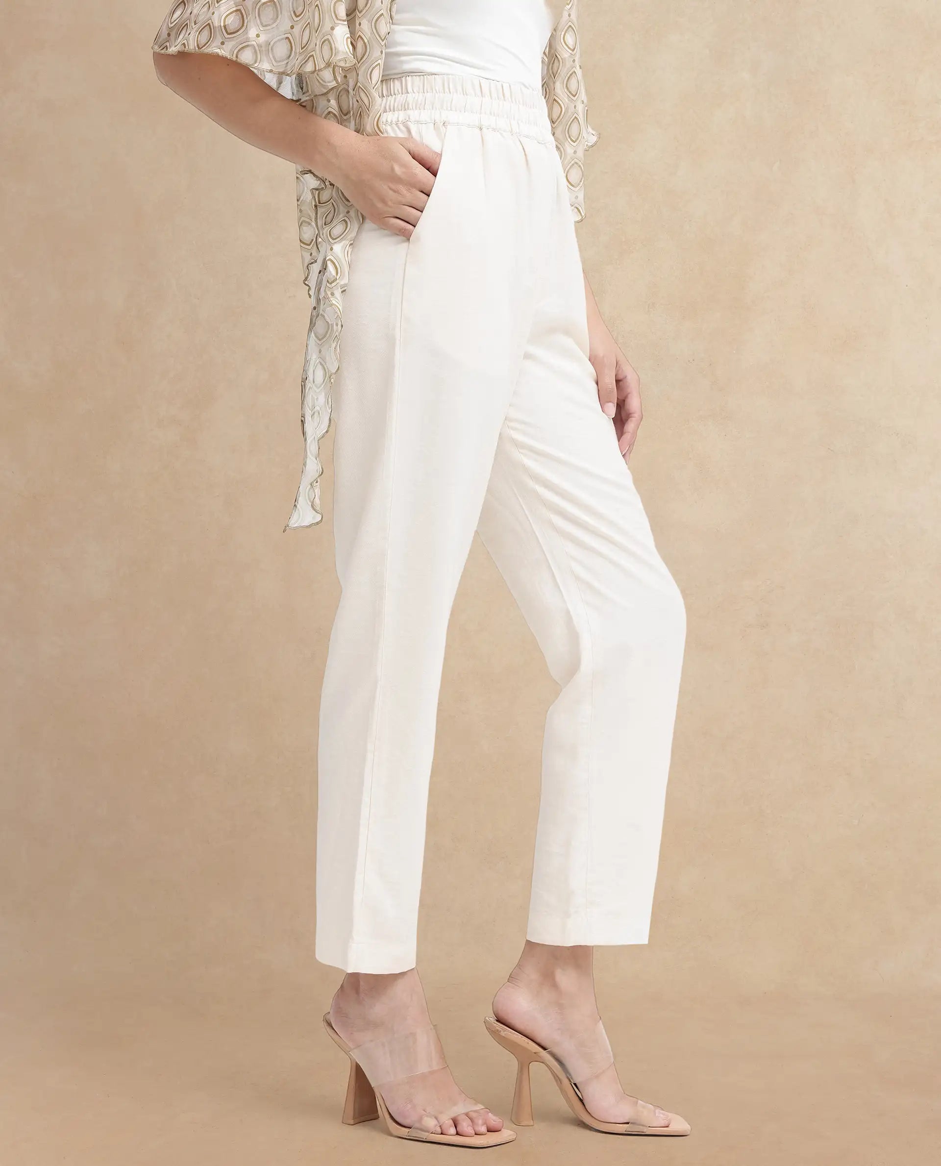 Rareism Women Chant-B Beige Polyester Fabric Zipper Closure Plain Trousers