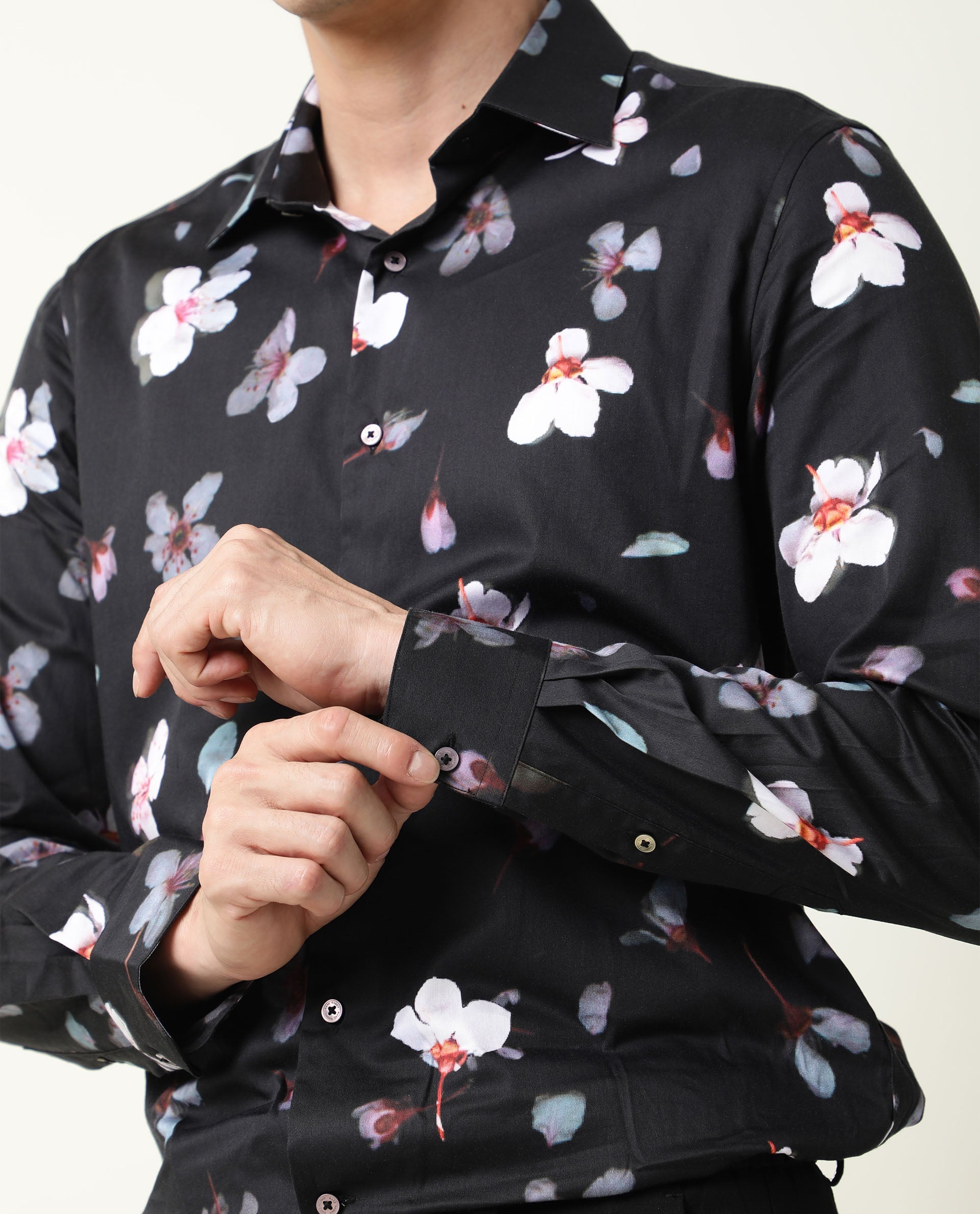 Rare Rabbit Men's Cuplets Black Cotton Fabric Full Sleeves Floral Printed Shirt