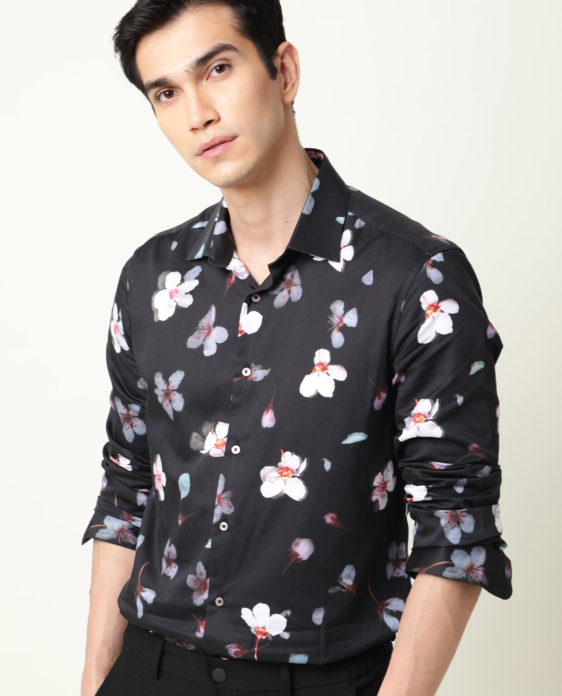 Rare Rabbit Men's Cuplets Black Cotton Fabric Full Sleeves Floral Printed Shirt