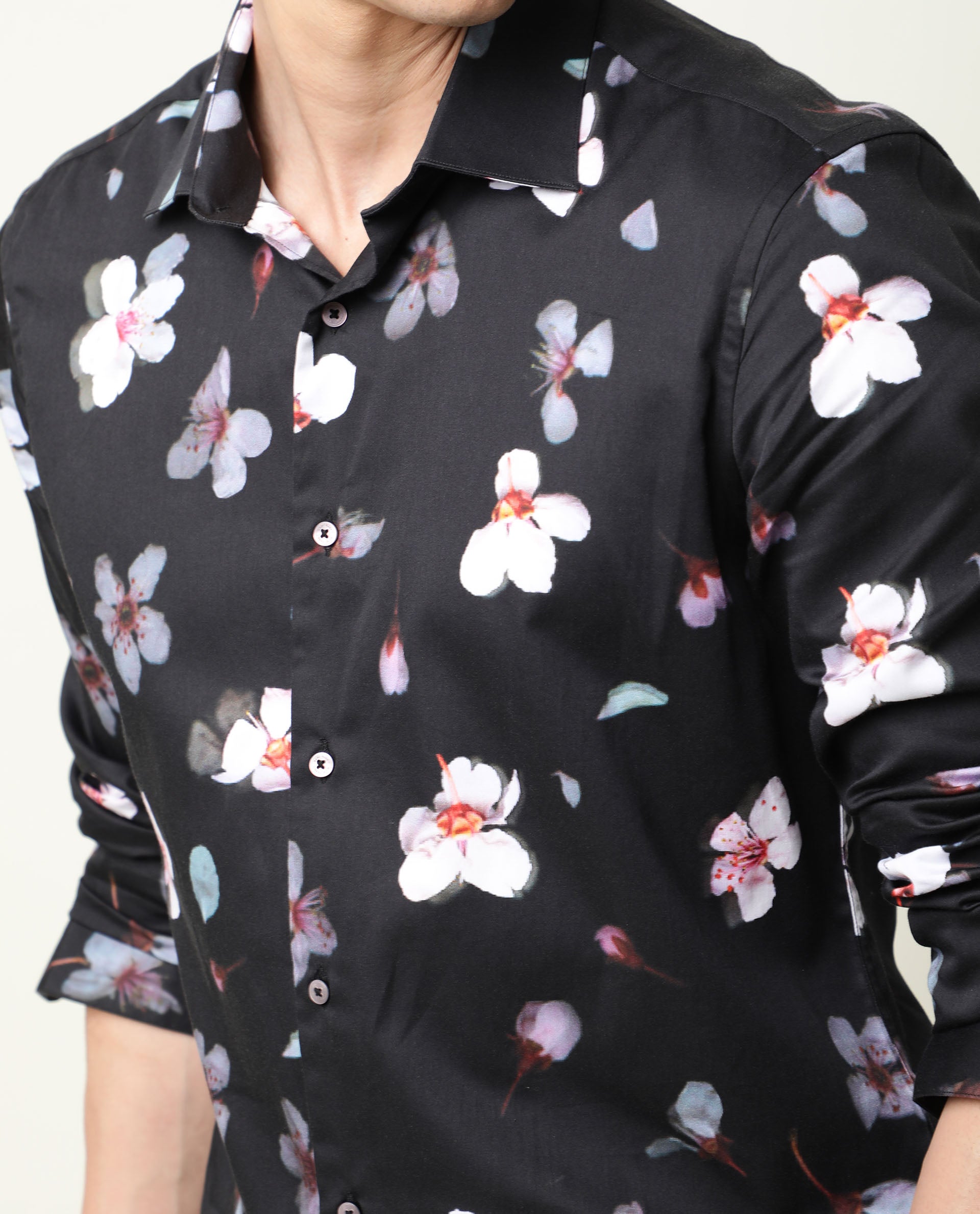 Rare Rabbit Men's Cuplets Black Cotton Fabric Full Sleeves Floral Printed Shirt