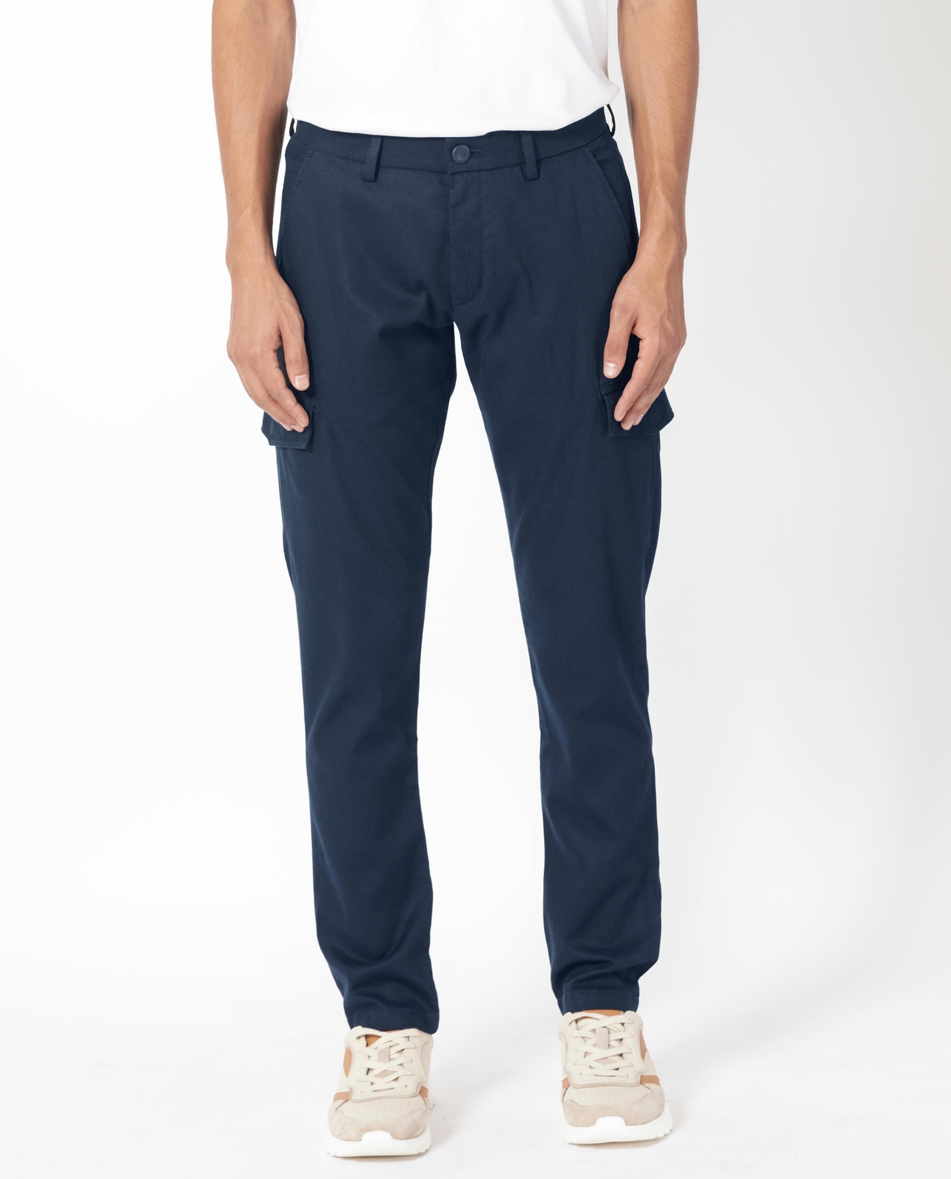 Rare Rabbit Men's Curo Navy Solid Mid-Rise Regular Fit Cargo Style Trouser