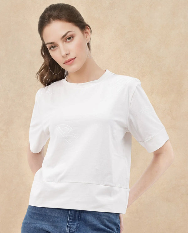 Rareism Women Dandi Off White Cotton Elastane Fabric Crew Neck Knit Solid T-Shirt