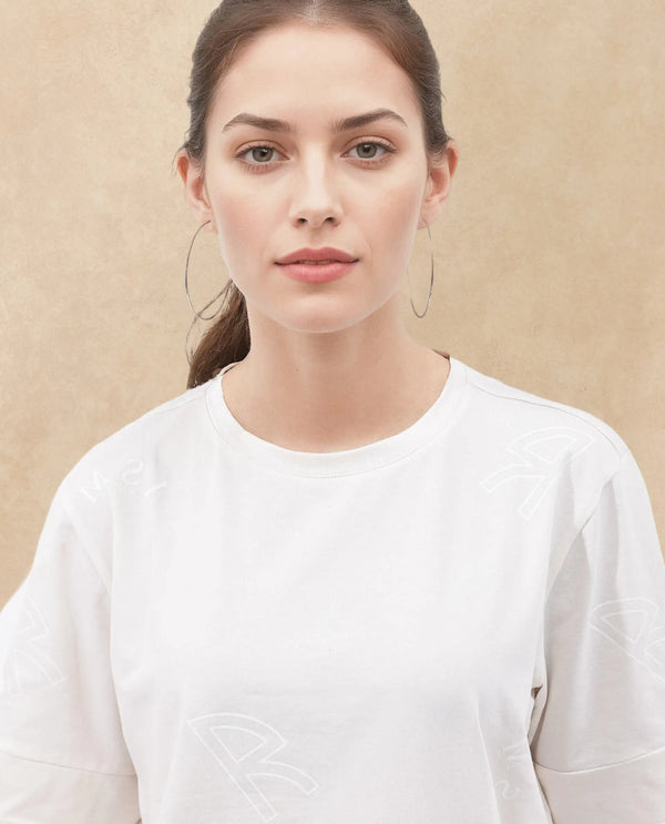Rareism Women Dandi Off White Cotton Elastane Fabric Crew Neck Knit Solid T-Shirt