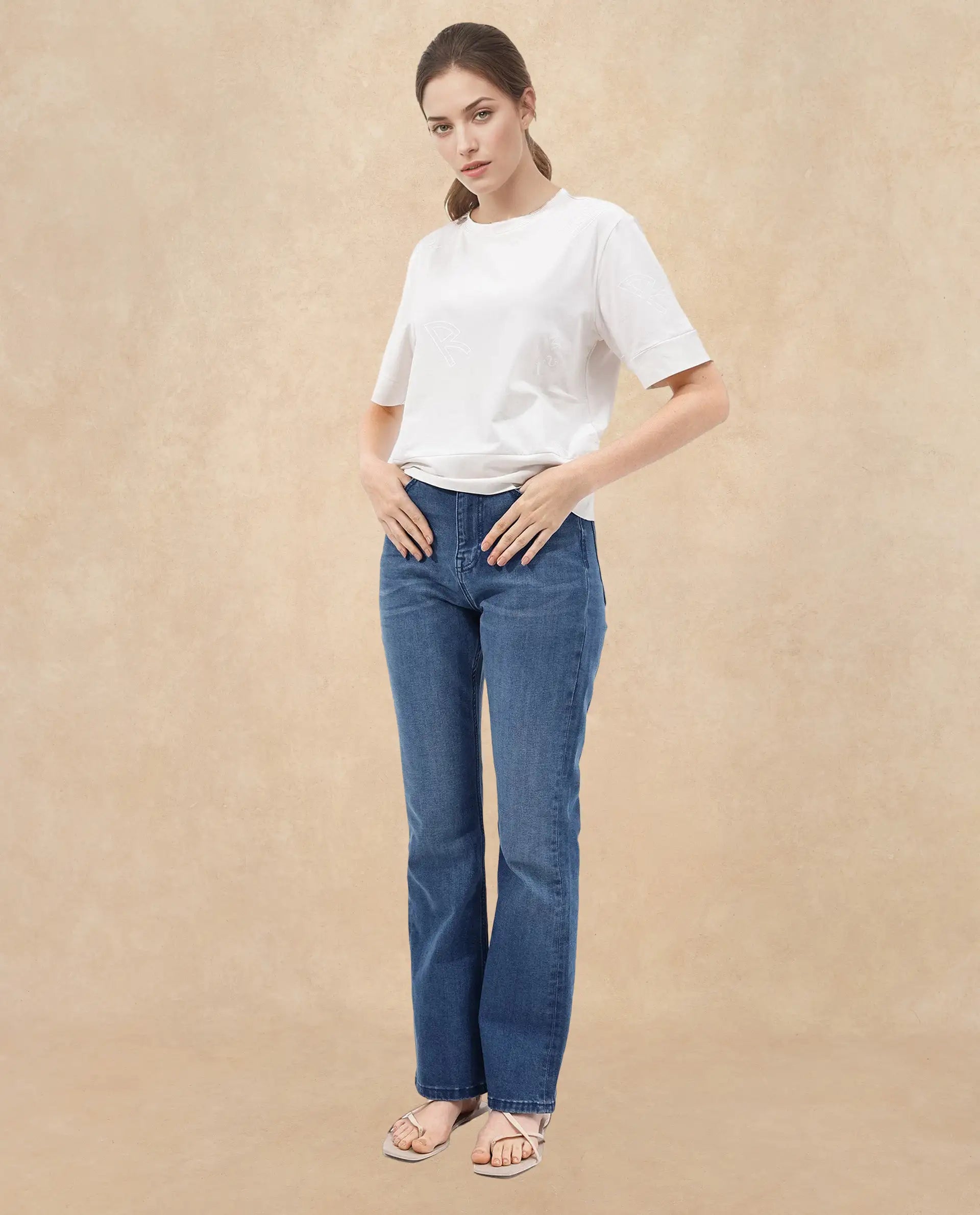 Rareism Women Dandi Off White Cotton Elastane Fabric Crew Neck Knit Solid T-Shirt