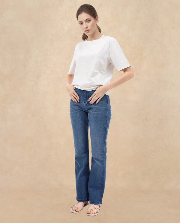 Rareism Women Dandi Off White Cotton Elastane Fabric Crew Neck Knit Solid T-Shirt