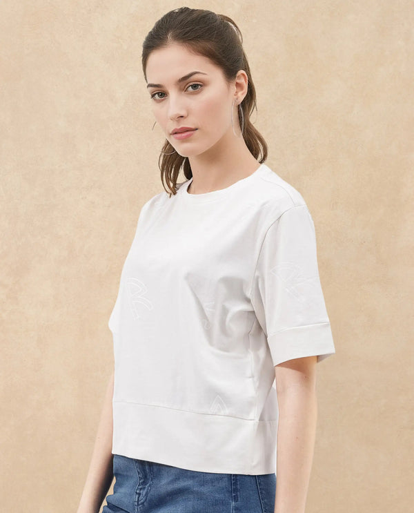 Rareism Women Dandi Off White Cotton Elastane Fabric Crew Neck Knit Solid T-Shirt