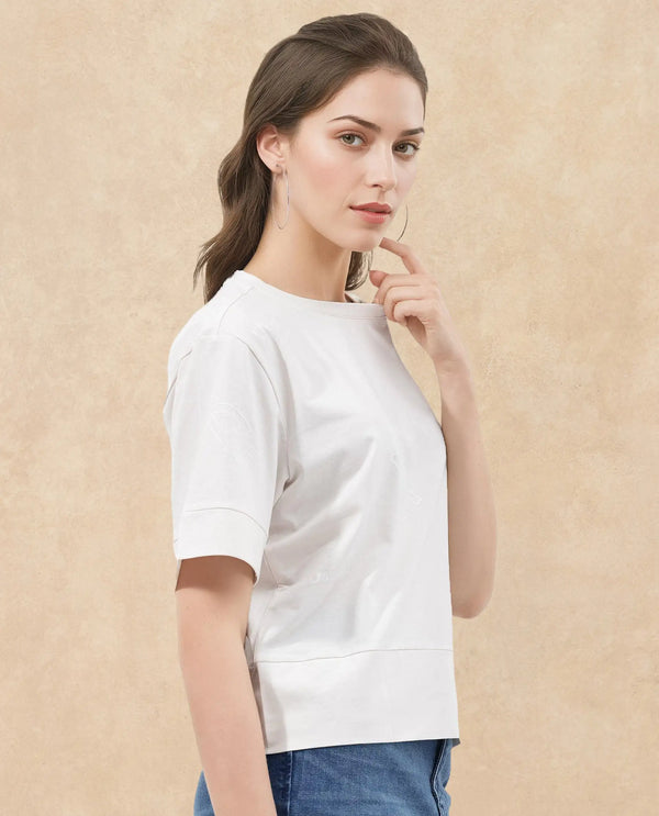 Rareism Women Dandi Off White Cotton Elastane Fabric Crew Neck Knit Solid T-Shirt
