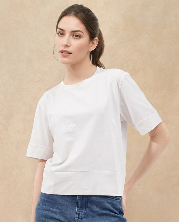 Rareism Women Dandi Off White Cotton Elastane Fabric Crew Neck Knit Solid T-Shirt
