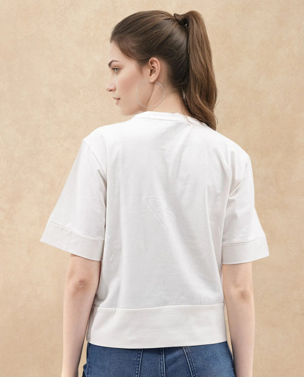 Rareism Women Dandi Off White Cotton Elastane Fabric Crew Neck Knit Solid T-Shirt
